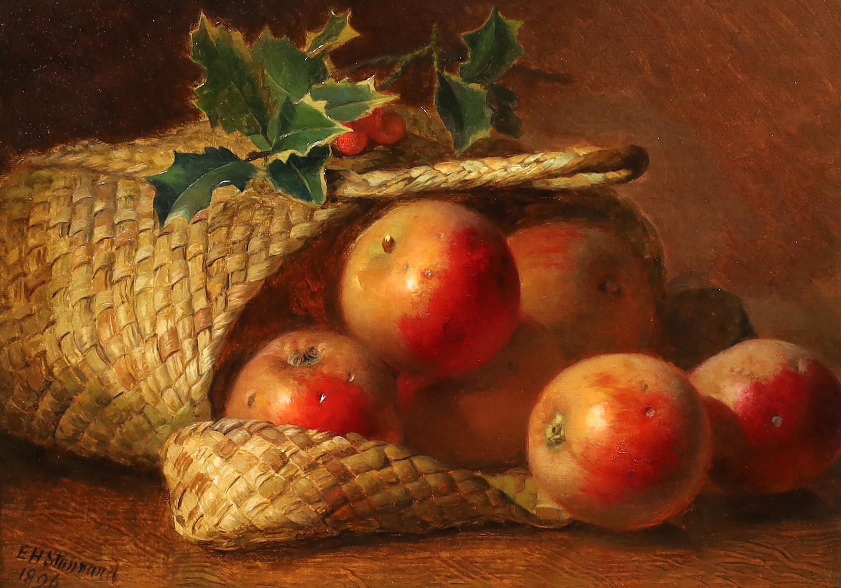 Eloise Harriet Stannard (English, 1829-1915), Still life with apples and holly beside a basket, oil on canvas, 21 x 29cm